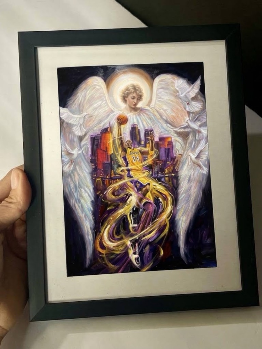 Tribute Print– Kobe Bryant, Angel ith Basketball and LA Cityscape Painting print